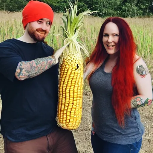 Image similar to photo of a slender attractive couple. The woman has long straight red orange hair. The man has a dark thick neatly groomed beard and tattoos. They are holding a giant corn and a cute baby.