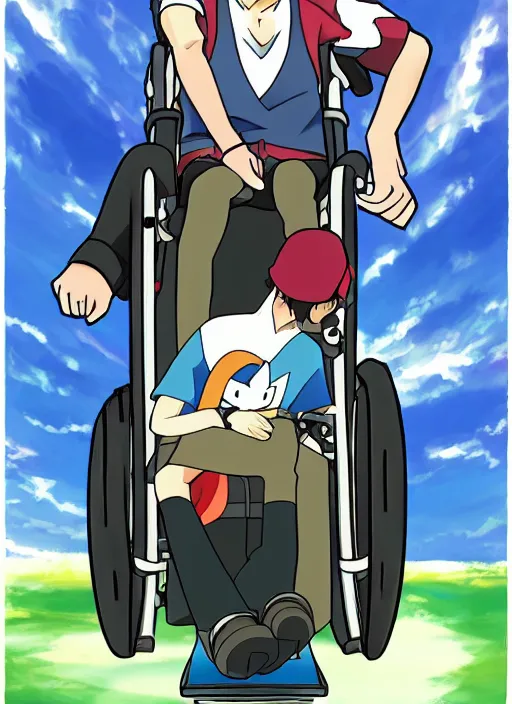 Image similar to a pokemon trainer traveling in a wheelchair, anime, art by ken sugimori