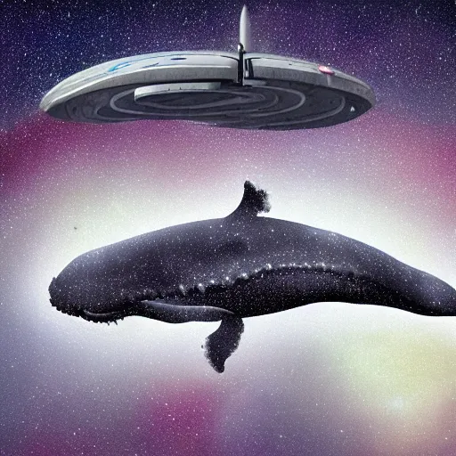 Image similar to whale spaceship flying near a red dwarf star