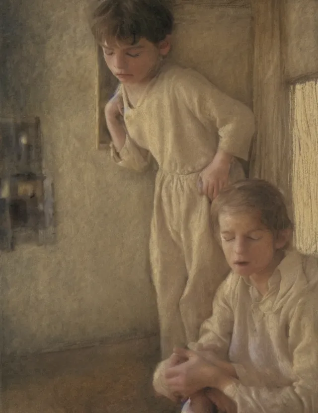 Prompt: peasant boy crying in country house, cottage core, cinematic focus, polaroid photo bleached vintage pastel colors high - key lighting, soft lights, foggy, by steve hanks, by lisa yuskavage, by serov valentin, by tarkovsky, detailed, oil on canvas