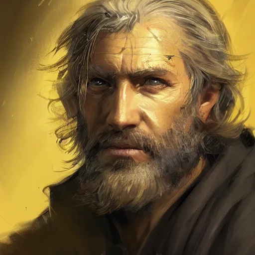 Prompt: portrait of a man by greg rutkowski, old jedi master nat skywalker, long messy hair, beard, wearing a yellow and black tactical gear, star wars expanded universe, highly detailed portrait, he is about 5 0 years old, digital painting, artstation, concept art, smooth, sharp foccus ilustration, artstation hq