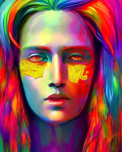 Image similar to colorful bust portrait of a hippie from the future, set in the future 2 1 5 0 | highly detailed face | very intricate | symmetrical | professional model | cinematic lighting | award - winning | painted by mandy jurgens | pan futurism, dystopian, bold colors, cyberpunk, groovy vibe, anime aesthestic | featured on artstation