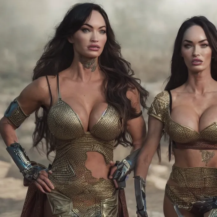 Image similar to movie still of lindsey pelas and megan fox as superheroines wearing kebaya and selendang, directed by scott snyder, 4 k hd, oscar winning, high detail