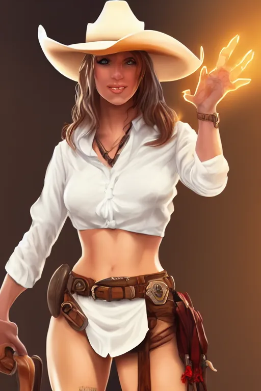 Image similar to full body, female cowgirl, perfect face, white blouse, 8 k, magic the gathering, desert, d & d, artstation, high detail, smooth, muscular