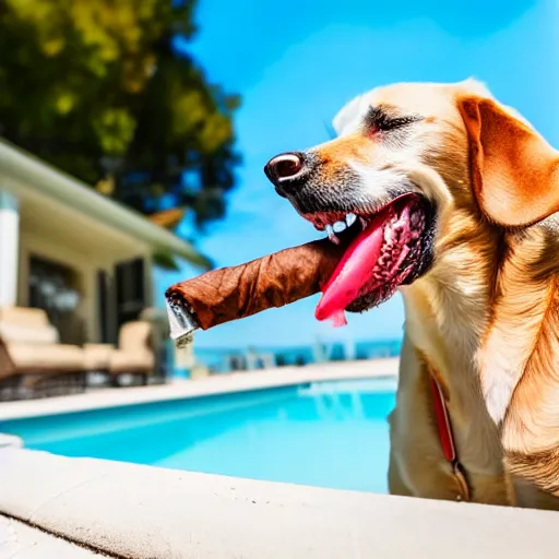 Image similar to a very detailed photo of a dog smoking a cigar outside the mansion by the pool