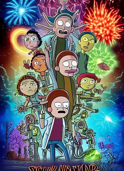 Image similar to rick and morty in the style of stranger things movie poster