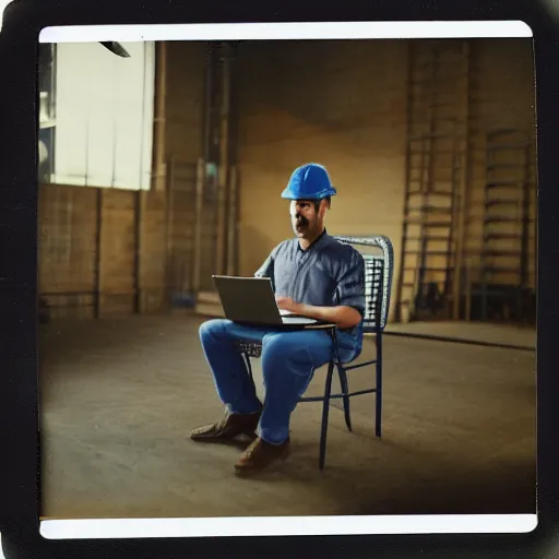 Image similar to a polaroid photo of man using a laptop inside in warehouse, he sitting on chair and small table, he's wearing blue cloth and construction hat, photo from behind, high details, perfect face shape