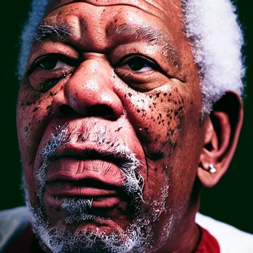 Image similar to a candid portrait photograph of Morgan Freeman starring as rapper The Notorious B.I.G, in the style of Chi Mondu, shallow depth of field, 40mm lens