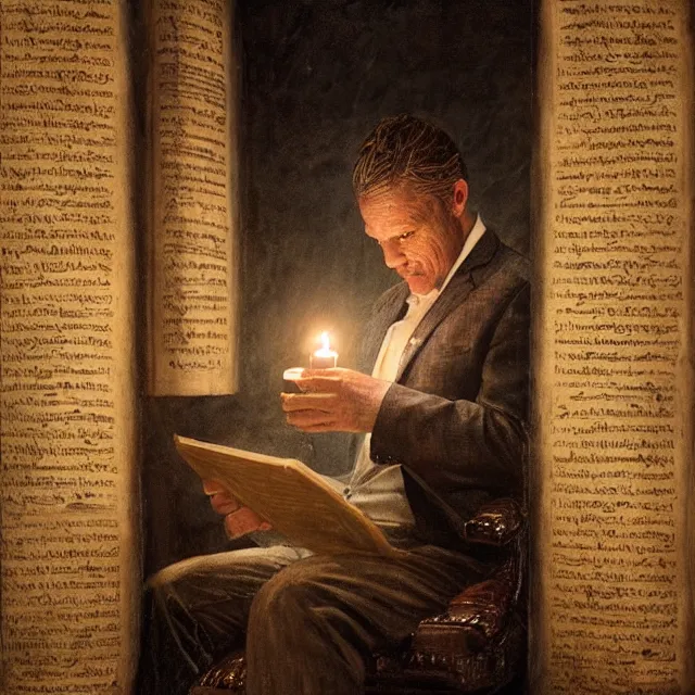Image similar to ultra - realistic horrifying painting of a terrified man in a suit reading a dead sea scroll by candlelight, by dave dorman, paul carrick, dark, brooding, volume lighting, atmospheric lighting, painted, intricate, ultra detailed, well composed, best on artstation, cgsociety, epic, stunning, gorgeous, intricate detail, wow, masterpiece