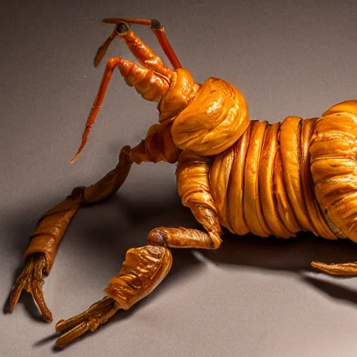 Image similar to a weta made out of croissant, on a mannequin. high quality, high resolution, studio lighting