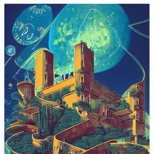 Image similar to retrofuturism print of lourmarin in the year 5 0 0 0