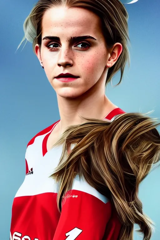 Image similar to a portrait of emma watson as a lokomotiv football player, hyper realistic, highly detailed