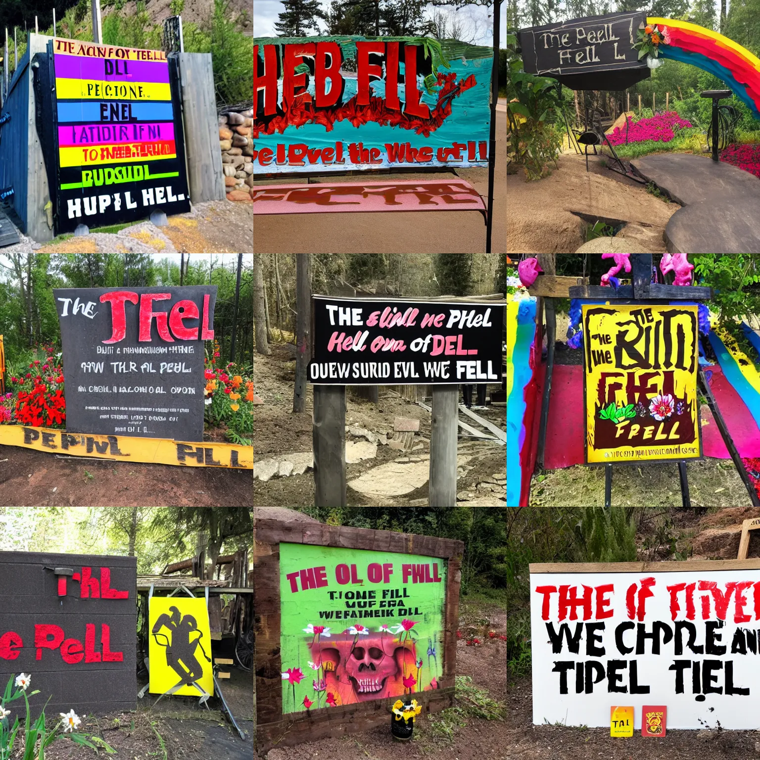 Prompt: the pit to hell has opened, welcome sign, inviting, happy atmosphere, rainbows and flowers