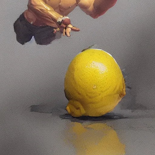 Image similar to lemon fruit as gigachad working out by greg rutkowski