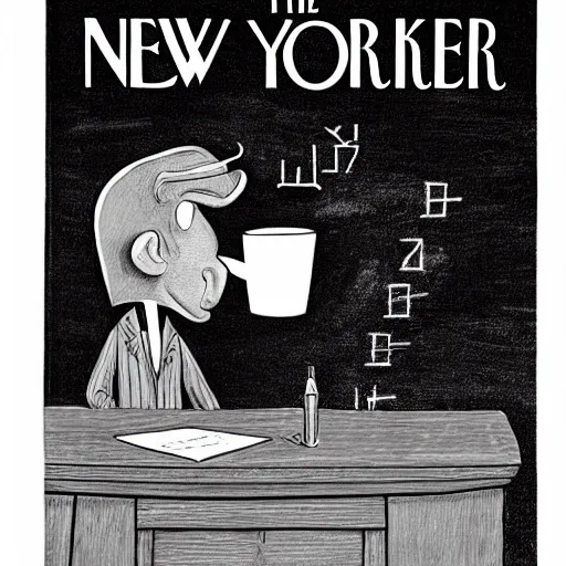 Image similar to new yorker cover showing a physicist drawing mathematical figures on a chalk board while drinking a coffee cup