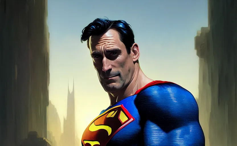 Image similar to highly detailed portrait of john hamm as superman, in dc comics, stephen bliss, unreal engine, fantasy art by greg rutkowski, loish, rhads, ferdinand knab, makoto shinkai and lois van baarle, ilya kuvshinov, rossdraws, tom bagshaw, global illumination, radiant light, detailed and intricate environment