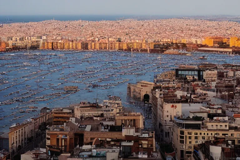 Prompt: views of catastrophic barcelona's downtown covered with high water, global warming, floating cars, sunset lighting, photo real