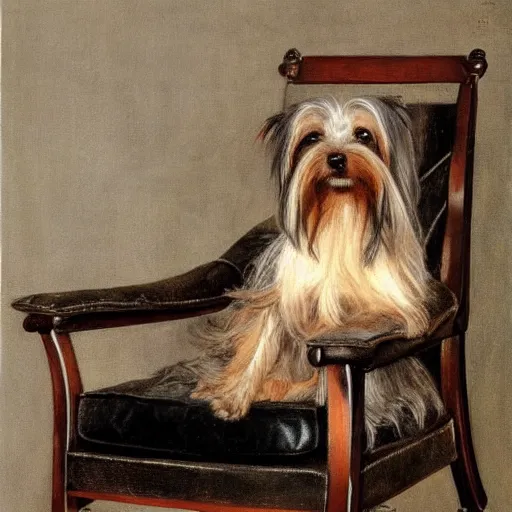 Image similar to an old happy brown and gray Yorkshire terrier dog lounging in a leather chair, long hair, extremely detailed masterpiece, oil on canvas, by Norman Rockwell,