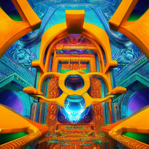 Image similar to dmt realm, cover art, colors: blue, orange, violet, green, yellow, sharp focus, with intricate egiptian letters in the frames, octane render, unreal engine, artstation