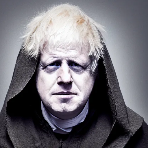 Image similar to A photo of (((Boris Johnson))) as Emperor Palpatine, hooded, ashy, cinematic lighting, f 2.5