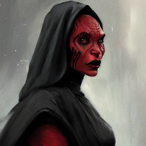 Image similar to portrait of a woman by greg rutkowski, young sith lord darth talon, red and black skin, star wars expanded universe, wearing black robes, she is about 2 0 years old, highly detailed portrait, digital painting, artstation, concept art, smooth, sharp foccus ilustration, artstation hq