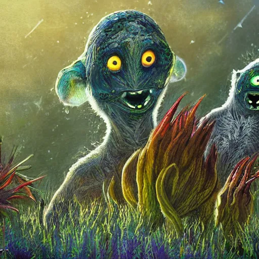 Image similar to cute furry alien creatures in field of unusual extraterrestrial plants detailed painting 4k