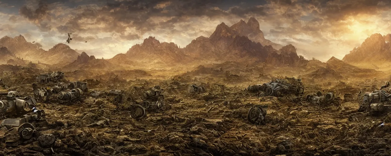 Prompt: apocalypse landscape, ruins and mountain in the background, broken rusty robots scattered on the ground, masterpiece 4k, intricate details, realistic, panoramic view, Hyperdetailed, 8k resolution, intricate art nouveau