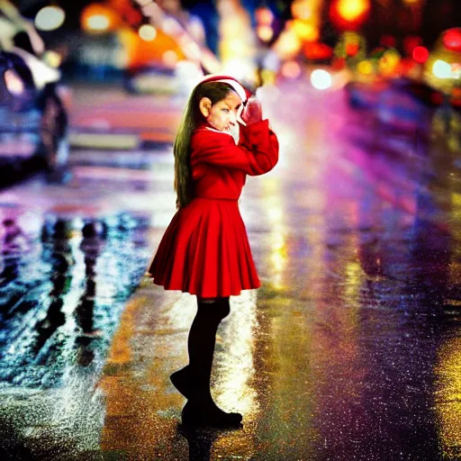 Prompt: night flash portrait photography of a catholic high school girl in uniform on the lower east side by annie leibovitz, colorful, nighttime!, raining!