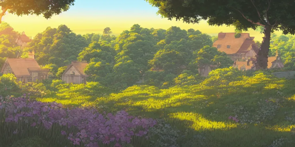 Image similar to anime screenshot wide-shot landscape with house in the garden, stone hedge, and meadow hill, forest on the horizont, beautiful ambiance, golden hour, studio ghibli style, by hayao miyazaki, sharp focus, highly detailed,