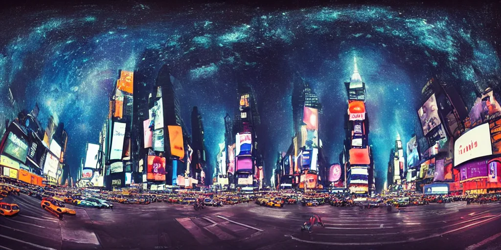 Prompt: a detailed beautiful matte painting of time square under a starry night sky, signs, neon signs, taxis by Mikko Lagerstedt and Michal Karcz, fisheye lens