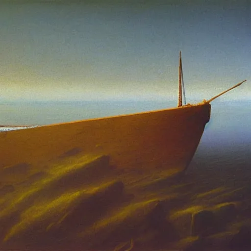 Prompt: a gunboat by Zdzisław Beksiński, oil on canvas