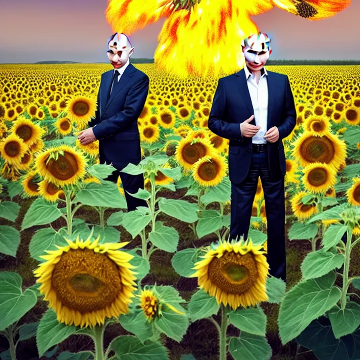 Image similar to photo portrait of Vladimir Putin in sunflower field, dressed in shirt with ornamental ethereal sunflower pattern, natural skin tone, explosion and fire in the background, elegant, Realistic, Refined, Highly Detailed, natural soft pastel lighting colors scheme, fine art photography by Cecil Beaton, volumetric lighting, hyper realistic photography