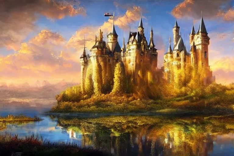 Image similar to castle, fantasy, painting, chrome, reflect, ultra realistic!!!, clear weather, golden hour, sharp focus