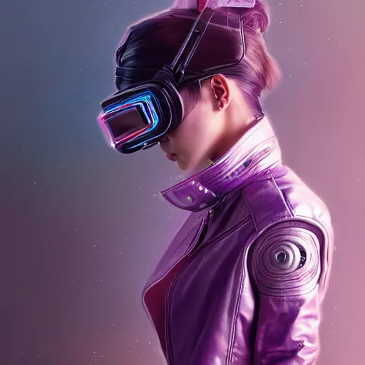 Image similar to full body of Korean female wearing VR goggles and futuristic short violet leather jacket, torn 1980s tank top underneath jacket, intricate, elegant, highly detailed, digital painting, artstation, concept art, smooth, sharp focus, illustration, art by artgerm and greg rutkowski and alphonse mucha