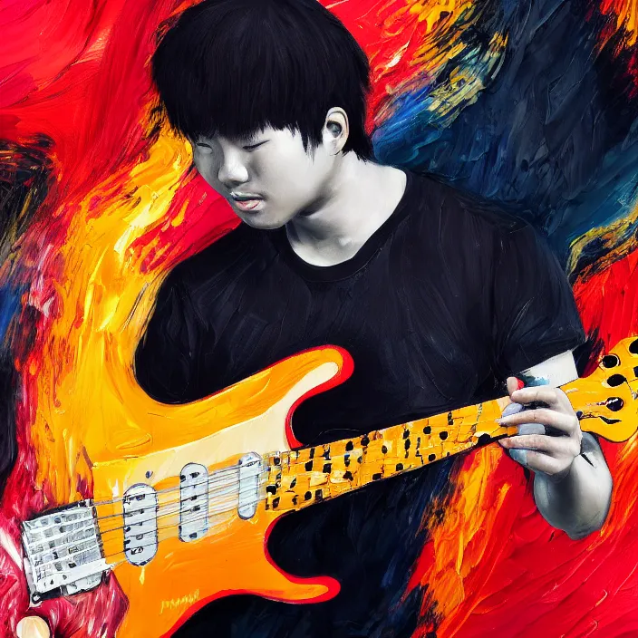 Image similar to abstract swirly brush strokes painting of a young korean man wearing black t shirt holding a telecaster!!! electric guitar!!, dark background, huge thick flowing dramatic brush strokes, matte colors, abstract, emotional masterpiece, impressionist, trending on artstation