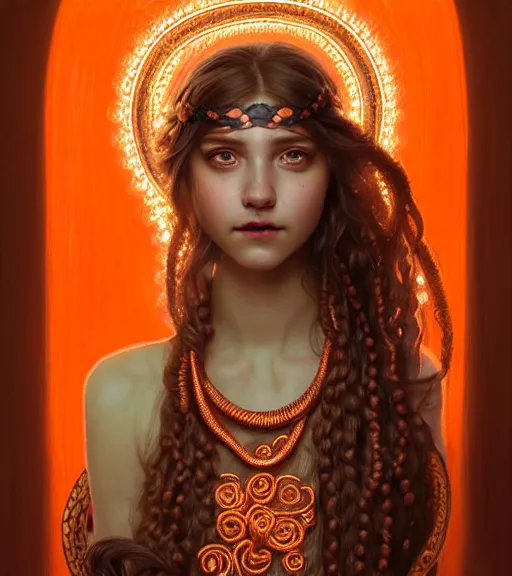 Image similar to portrait of teenage medusa, snake hair, naughty smile, wearing an embroidered orange tunic, intricate, elegant, copper and emerald jewelry, glowing lights, highly detailed, digital painting, artstation, concept art, smooth, sharp focus, seductive, illustration, art by wlop, mucha, artgerm, and greg rutkowski