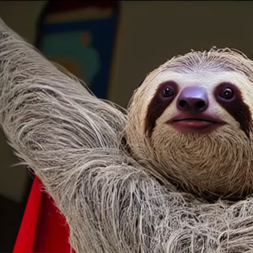 Image similar to movie still of a sloth as superman in superman