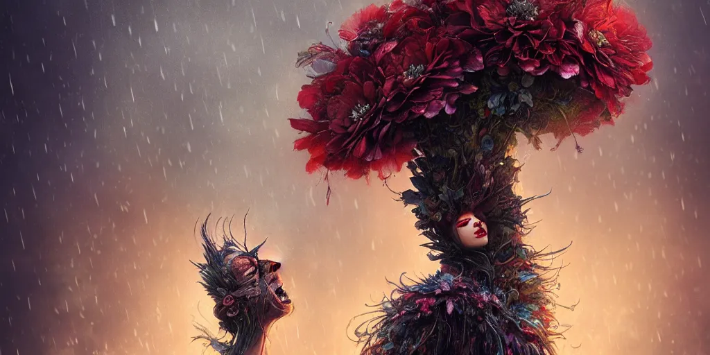 Image similar to a horror flower head creature standing in the rain near light pole by karol bak, james jean, tom bagshaw, rococo, sharp focus, trending on artstation, cinematic lighting, hyper realism, octane render, 8 k, hyper detailed, vivid, ultra detailed, highly detailed