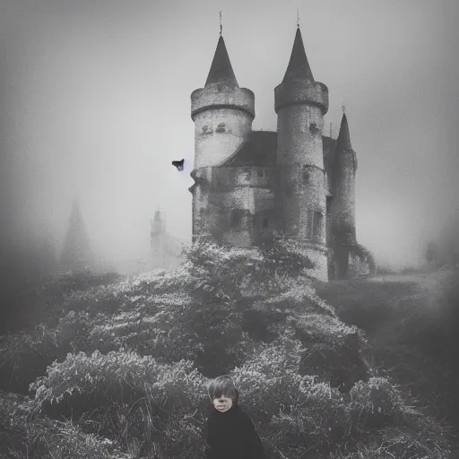 Image similar to a dark vallcy with a huge gloomy castle, fog. a little boy and a black cat