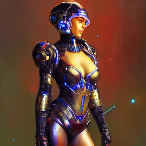 Prompt: Cybernetic woman in futuristic bikini armor with a jetpack, D&D, elegant, vibrant, fantasy, intricate, smooth, artstation, painted by edgar maxence, greg rutowski, ross tran, artgerm