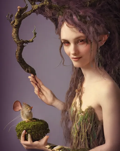 Prompt: dryad musician with a mysterious smile, inspired by brian froud, portrait, accompanied by a cute feathered mouse, studio lighting by jessica rossier and brian froud and gaston bussiere