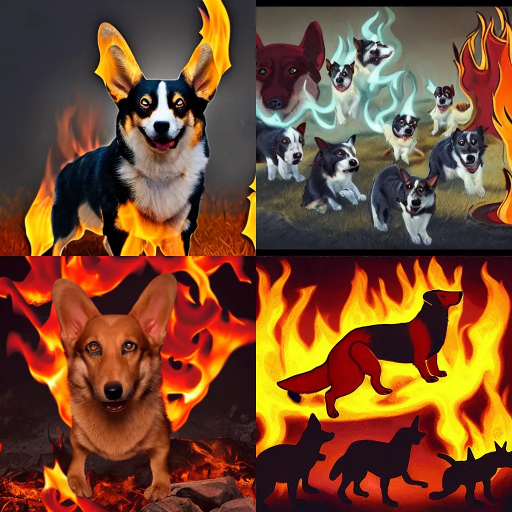 Prompt: A hellhound corgi surrounded by fire, hellscape, evil, hell