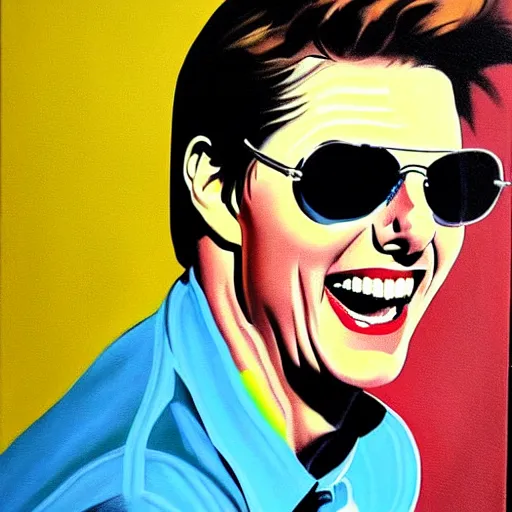 Prompt: portrait of laughing Tom Cruise . Tom's shoulders are in the frame. Tom looks sternly straight into the camera and wears designer sun glasses. painting in the style of Andy Warhol