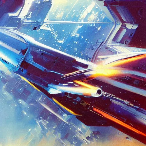 Prompt: futuristic spaceship jumping to warp lightspeed concept art oil painting by john berkey , minimal detailed, brush hard