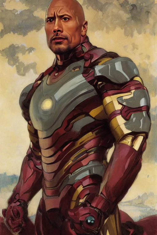 Image similar to elegant romantic portrait photo of dwayne johnson as iron man by greg manchess, mucha, william adolphe bouguereau, john singer sargent, sorolla, winslow homer, dean cornwell, james gurney, kilin eng, ilya repin,