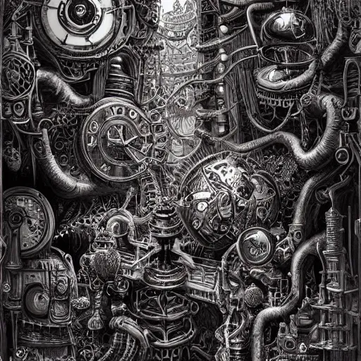 Image similar to a hyper realistic painting of an intricate steampunk labyrinth, by joe fenton, highly detailed, vivid color,