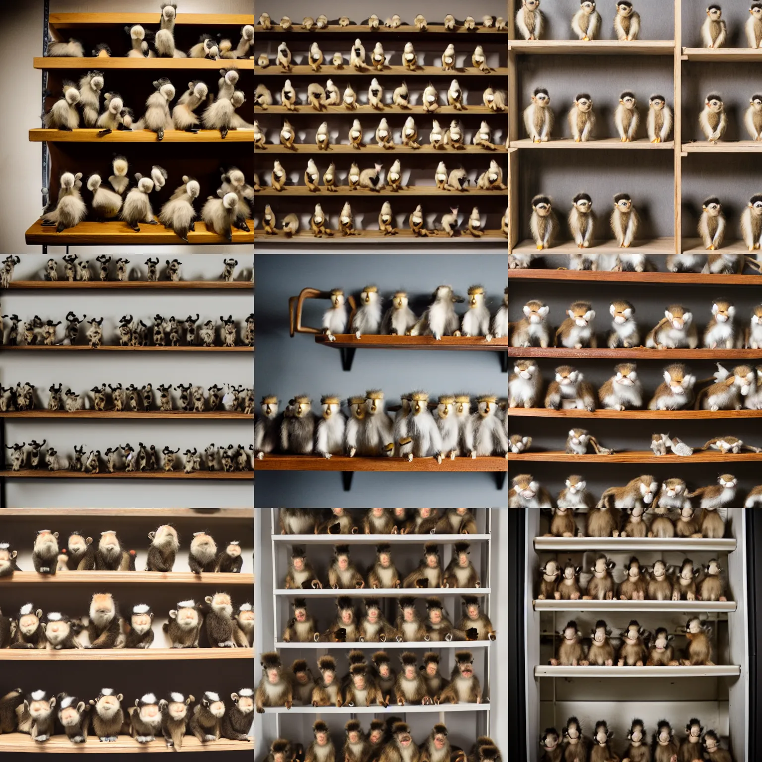 Prompt: shelf of taxidermy monkeys, studio lighting, 5 0 mm, polaroid