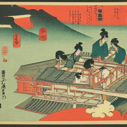 Prompt: Japanese woodblock print of a brewery full of westies