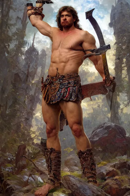 Prompt: full body image of muscular male barbarian holding sword in the air, intricate details, large sword, by Stanley Artgerm Lau, by greg rutkowski, by thomas kindkade, by alphonse mucha, loish, by norman rockwell J.