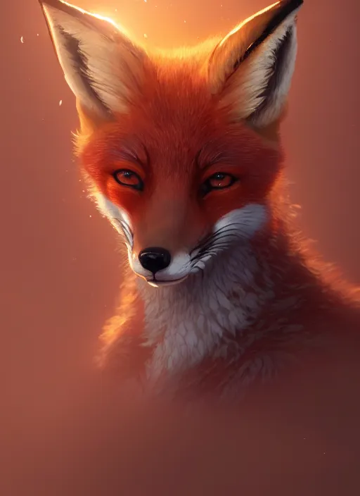 Image similar to a portrait of cute fox - kun, intricate, tone mapped, ambient lighting, highly detailed, digital painting, artstation, concept art, 4 k, god rays, stunning beautiful, glowing eyes, sharp focus, by makoto shinkai and akihiko yoshida and hidari and wlop